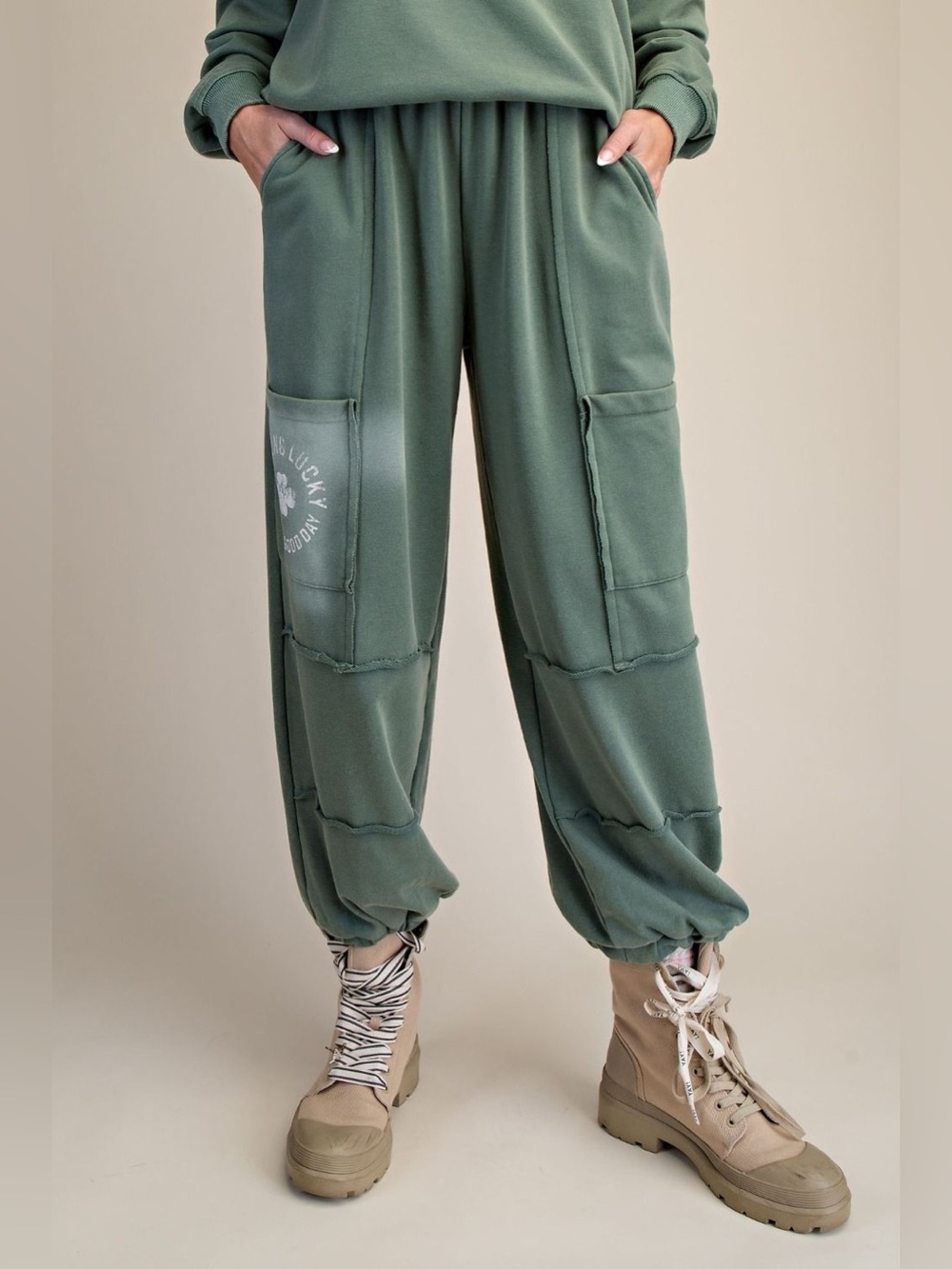 Easel Juniper Green Feeling Lucky Washed Terry Jogger Pants - Picture 1 of 3